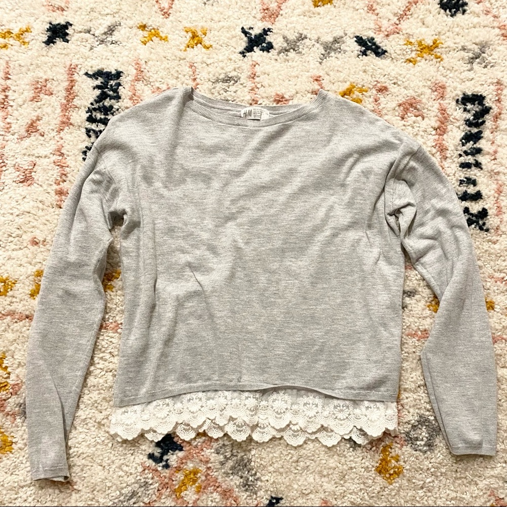 H&M Soft Lace Trim Crew Neck Fall Sweater in Gray